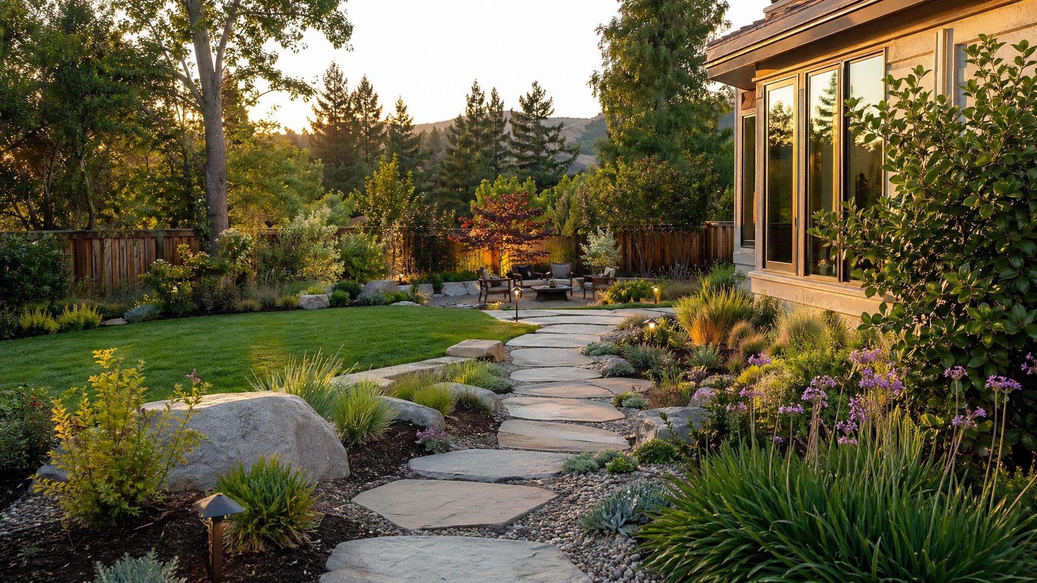 Modern backyard landscape refresh with stone path and planting beds