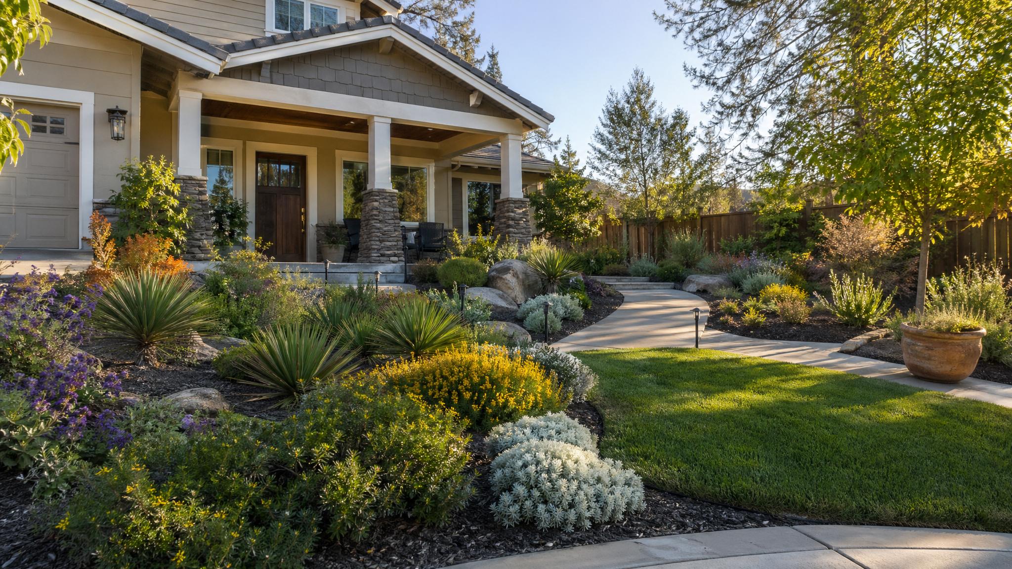 Manicured Danville front yard landscape with drought-tolerant planting