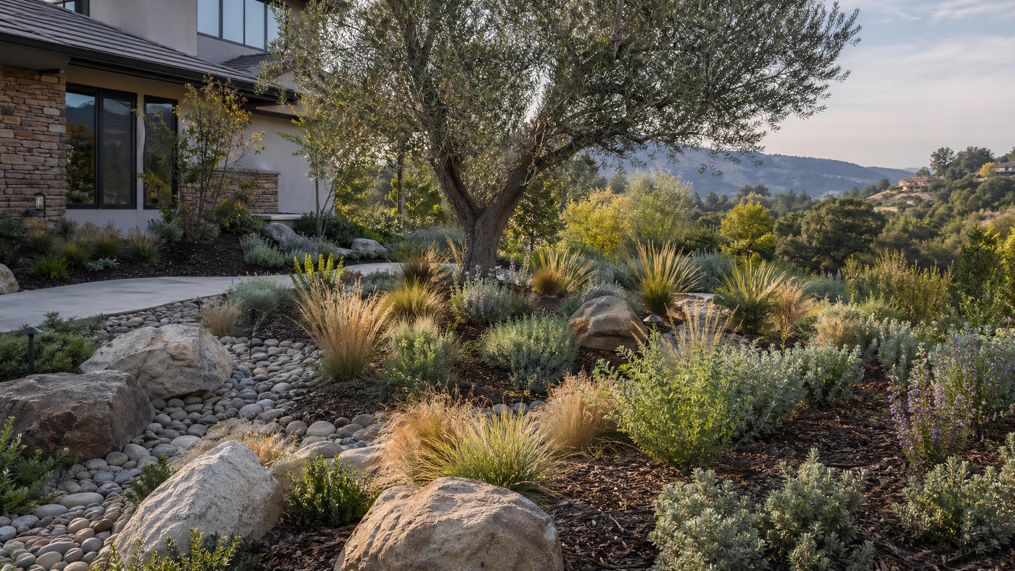 Low-water California garden with native grasses and boulders